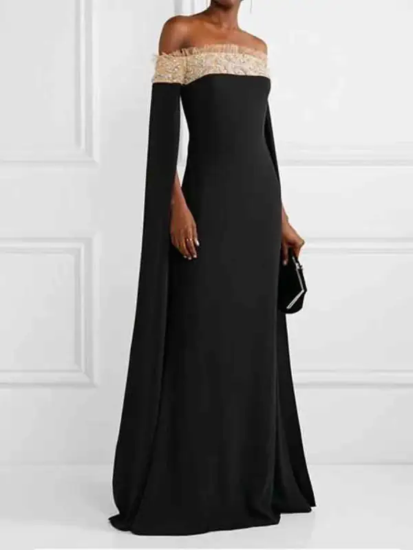 Women's Elegant Noble Mesh Rhinestone One-Shoulder Slit Long Sleeve Dress - Anystylish.com 