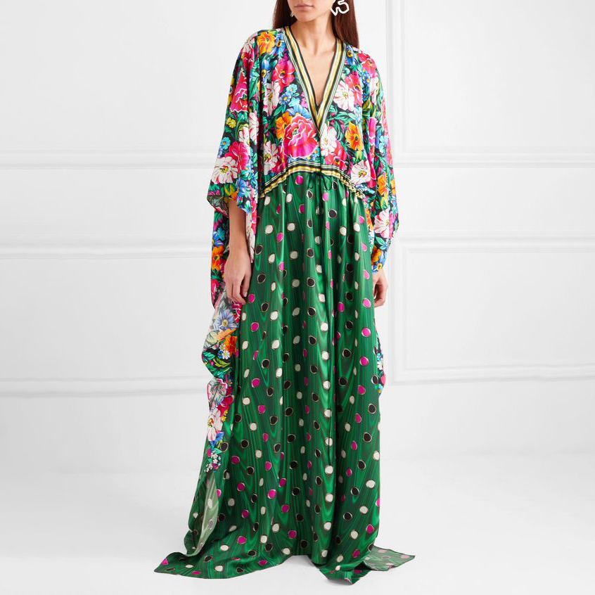 Women's Elegant V Neck Green Floral Print H Dress