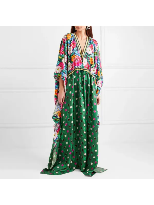 Women's Elegant V-Neck Green Floral Print H Dress - Minicousa.com 