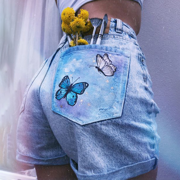 Butterfly Tie Dye Printed Loose Denim Shorts