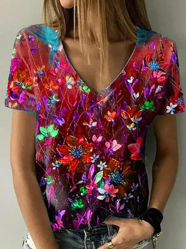 V-neck Casual Loose Floral Print Short Sleeve T-shirt - Oasisjoy.com 