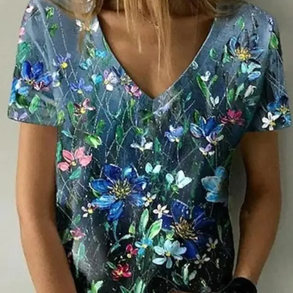 V-neck Casual Loose Floral Print Short Sleeve T-shirt - Kalesafe.com 