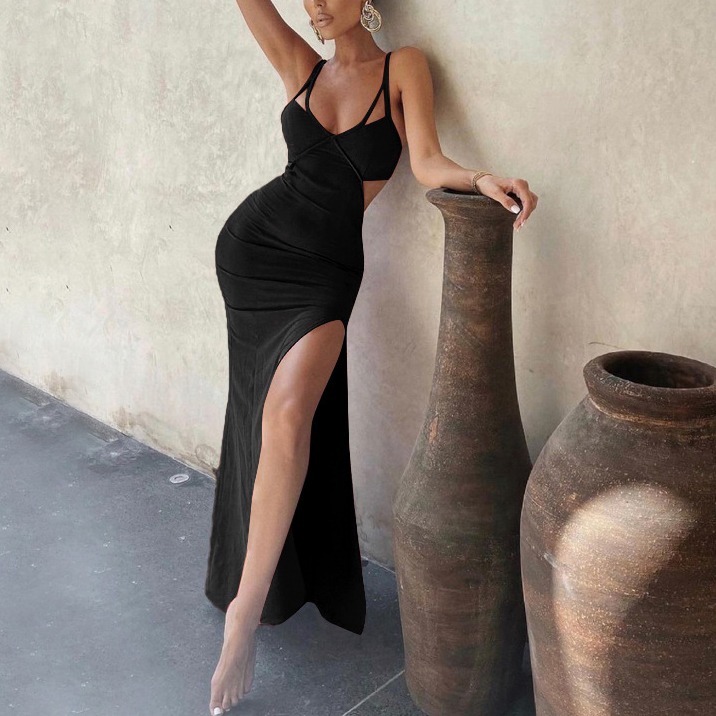 Solid Color Sling High Slit Cutout Dress