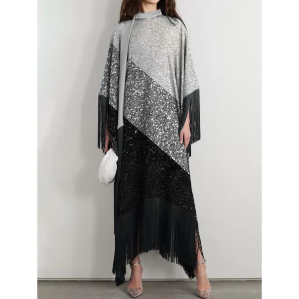 Women's Fashion Geometric Colorblock Hot Silver Print Fringe Dress - Seeklit.com 