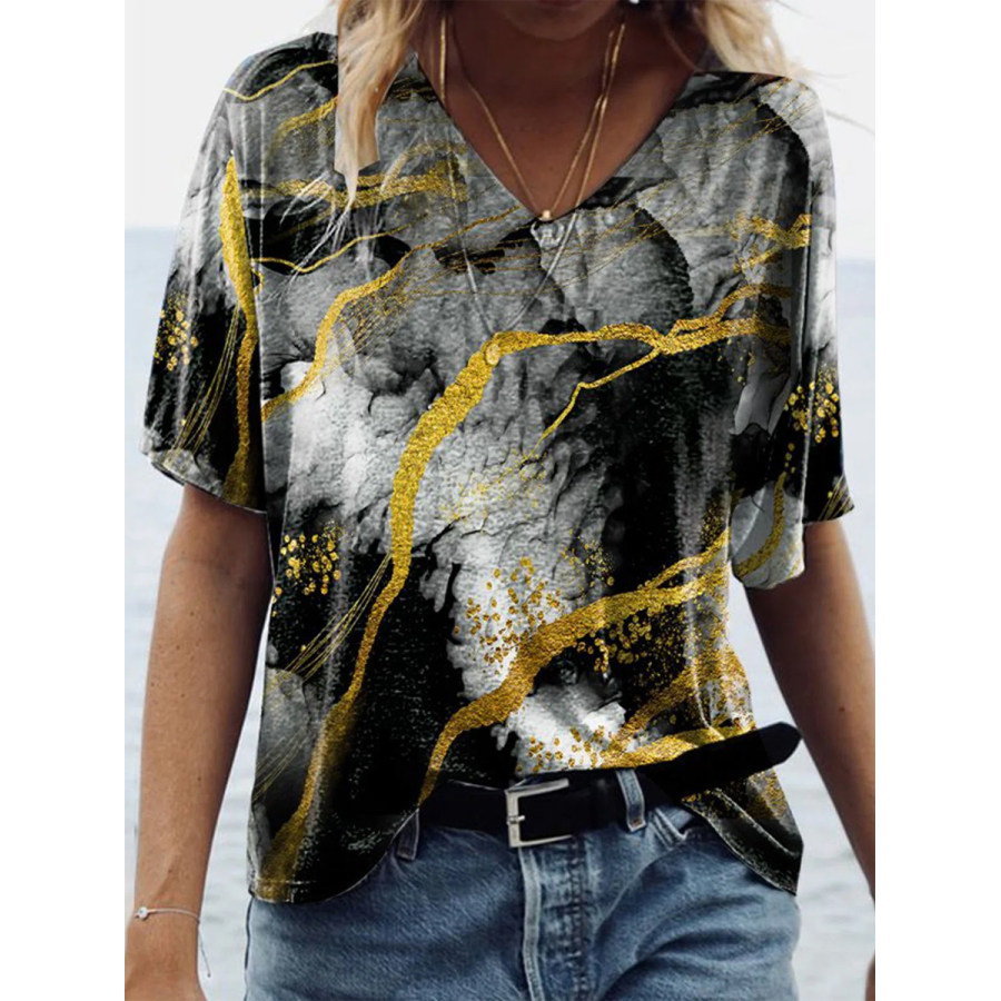 

Casual Marbling Print V Neck Short Sleeve T-Shirt