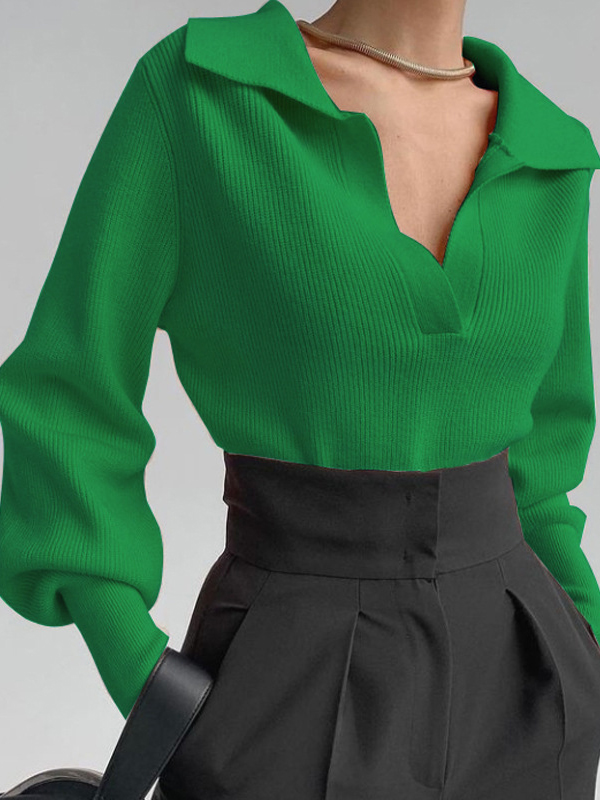 Solid Color Paul Lapel Puff Sleeve Sweater