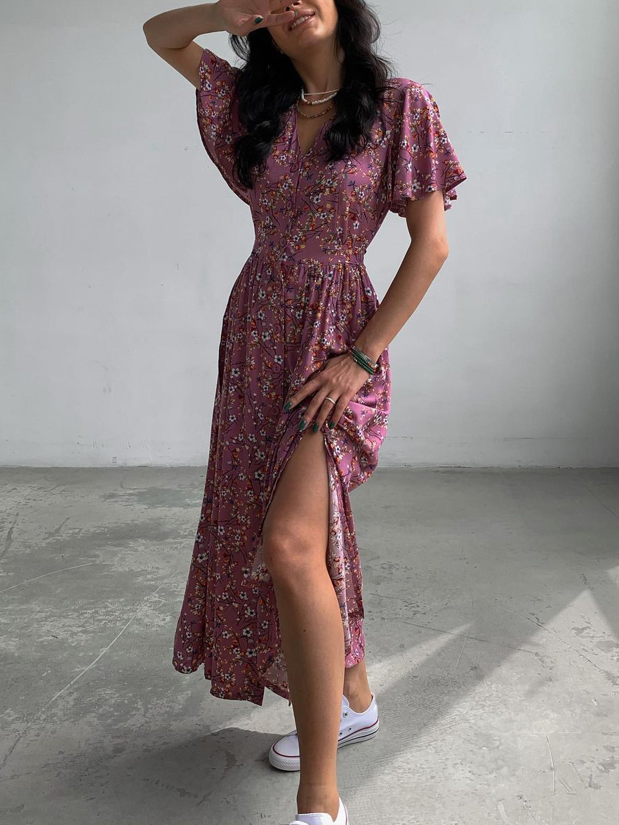 Mid Sleeve Tunic Slit Floral Dress