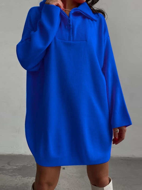 Paul Lapel Long Sleeve Zip Embellished Mid Length Knit Dress
