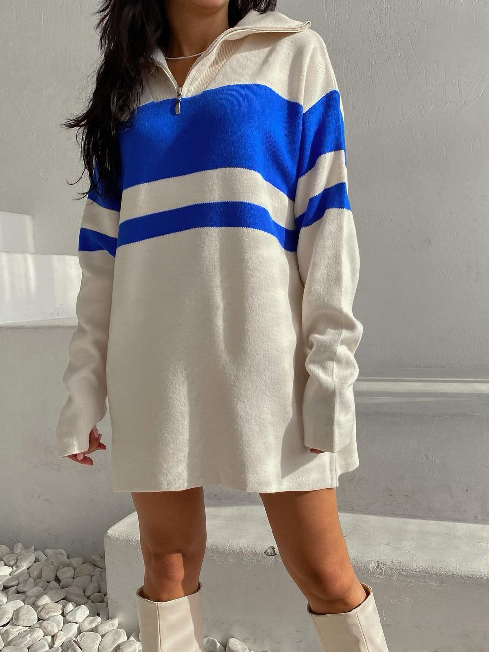Long Sleeve Zip Neck Striped Knit Dress