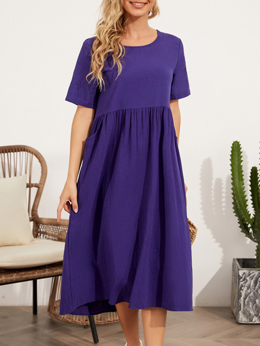 Loose Round Neck Short Sleeve Cotton And Linen Dress