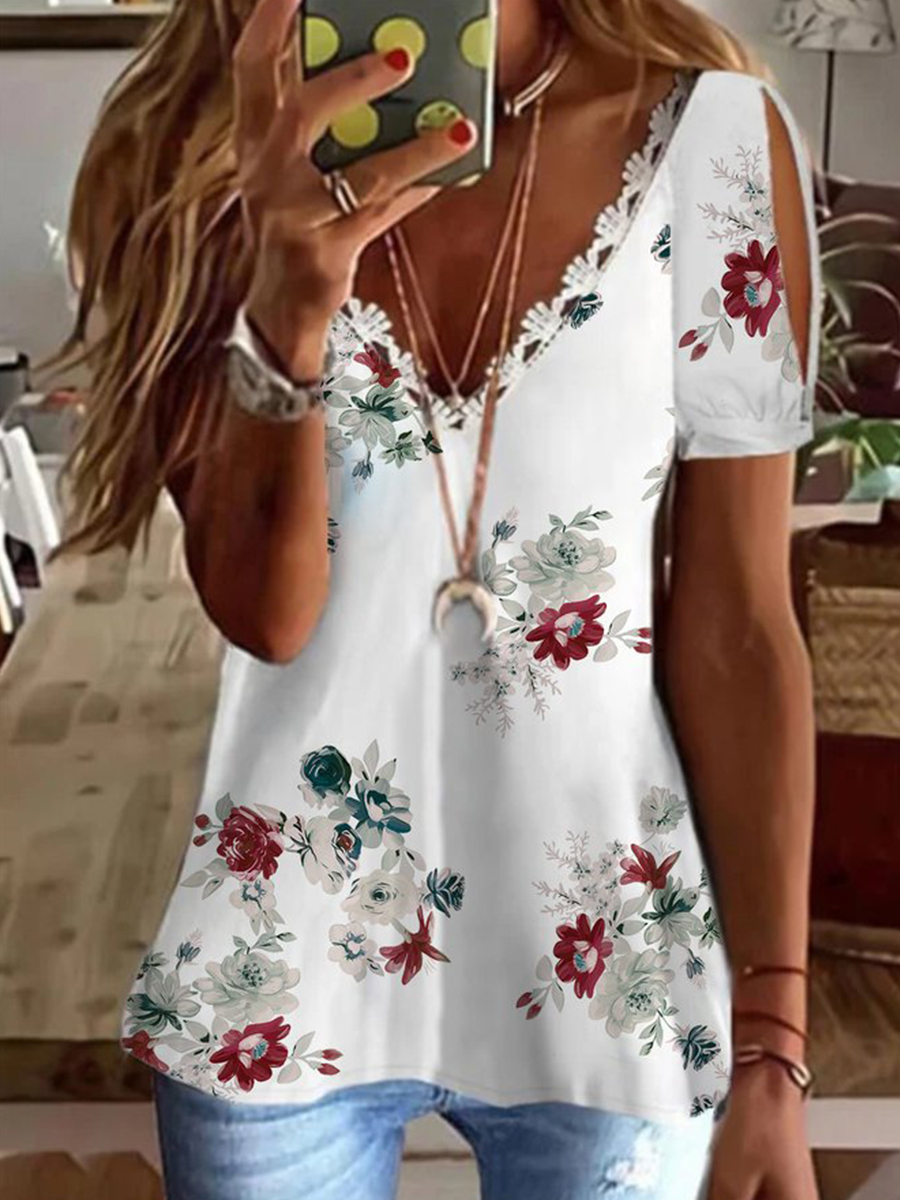 Casual Floral Short Sleeve V Neck Print T shirt