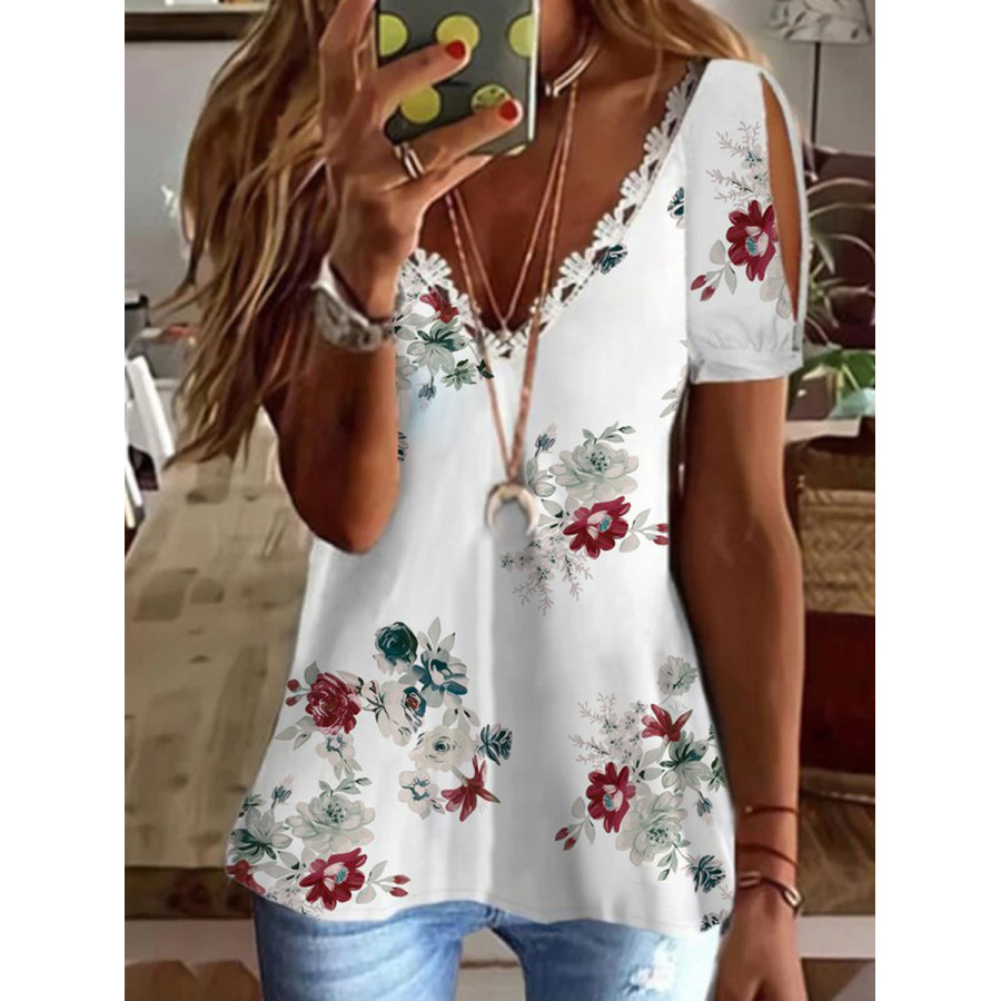

Casual Floral Short Sleeve V Neck Print T-shirt