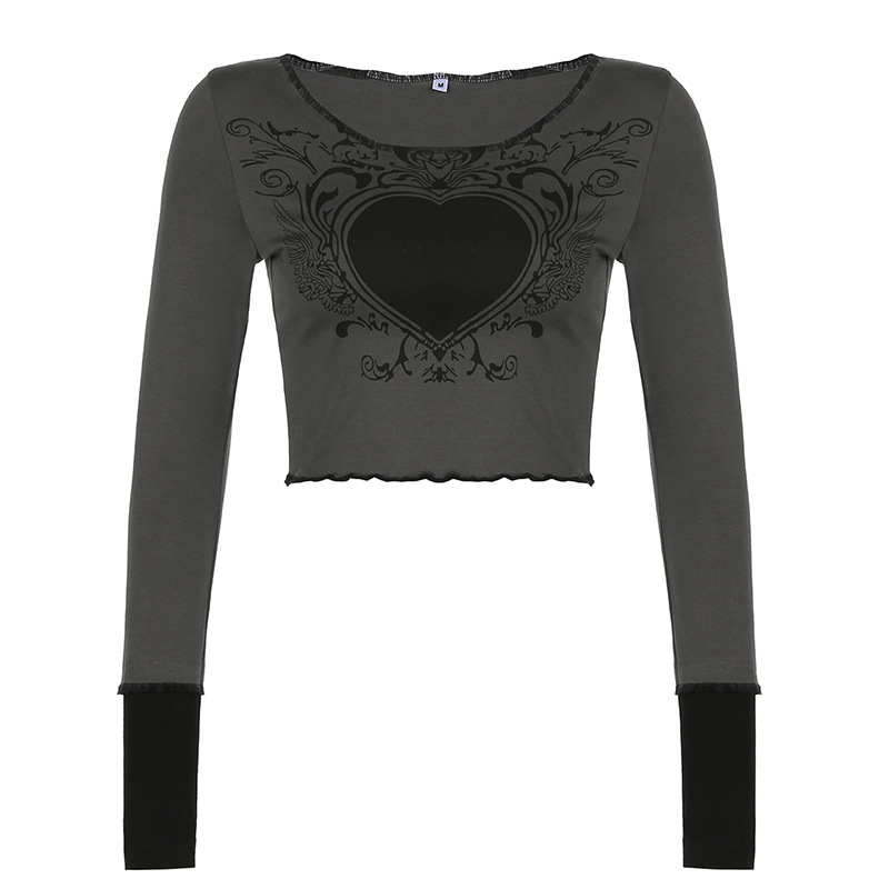 Heart Print Crew Neck Slim Fit Long Sleeve Top