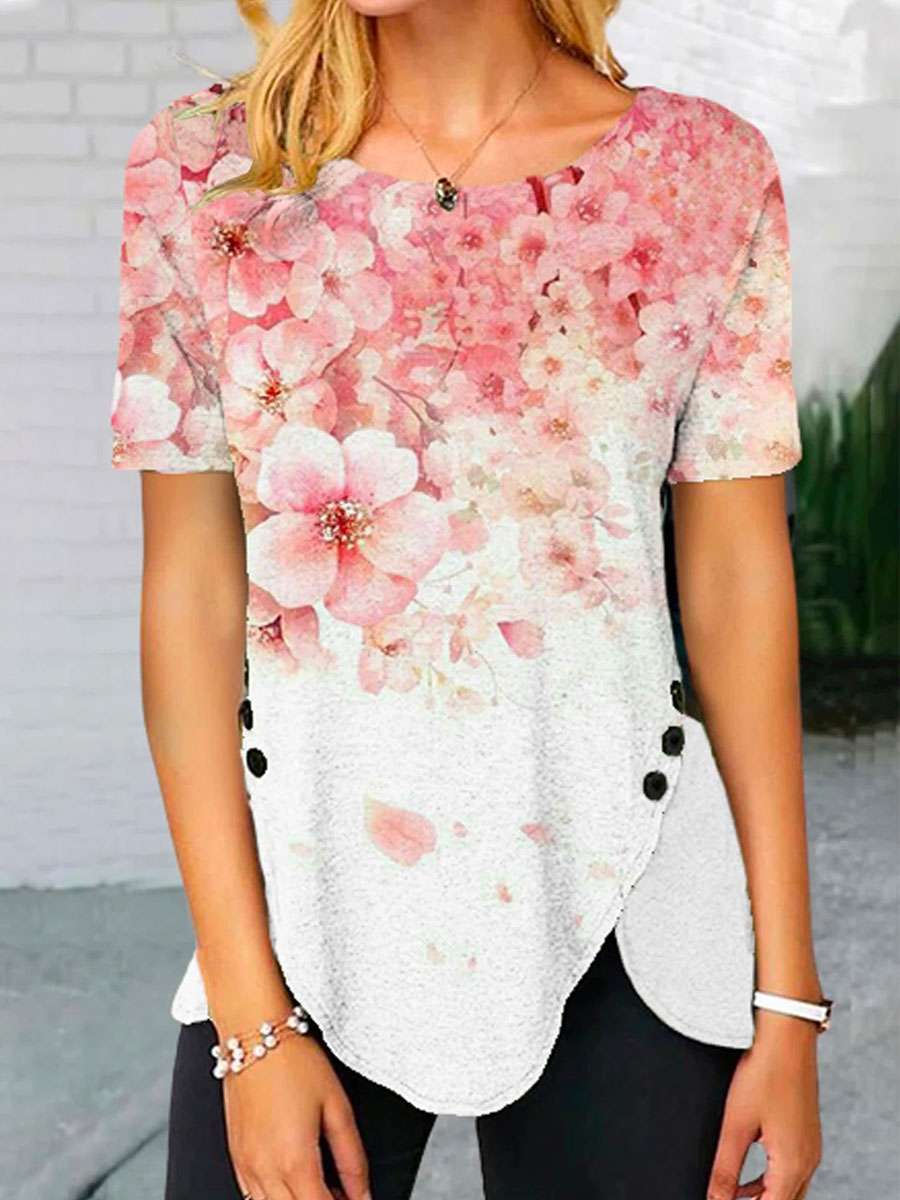 Round Neck Loose Casual Sakura Print Short Sleeve T shirt