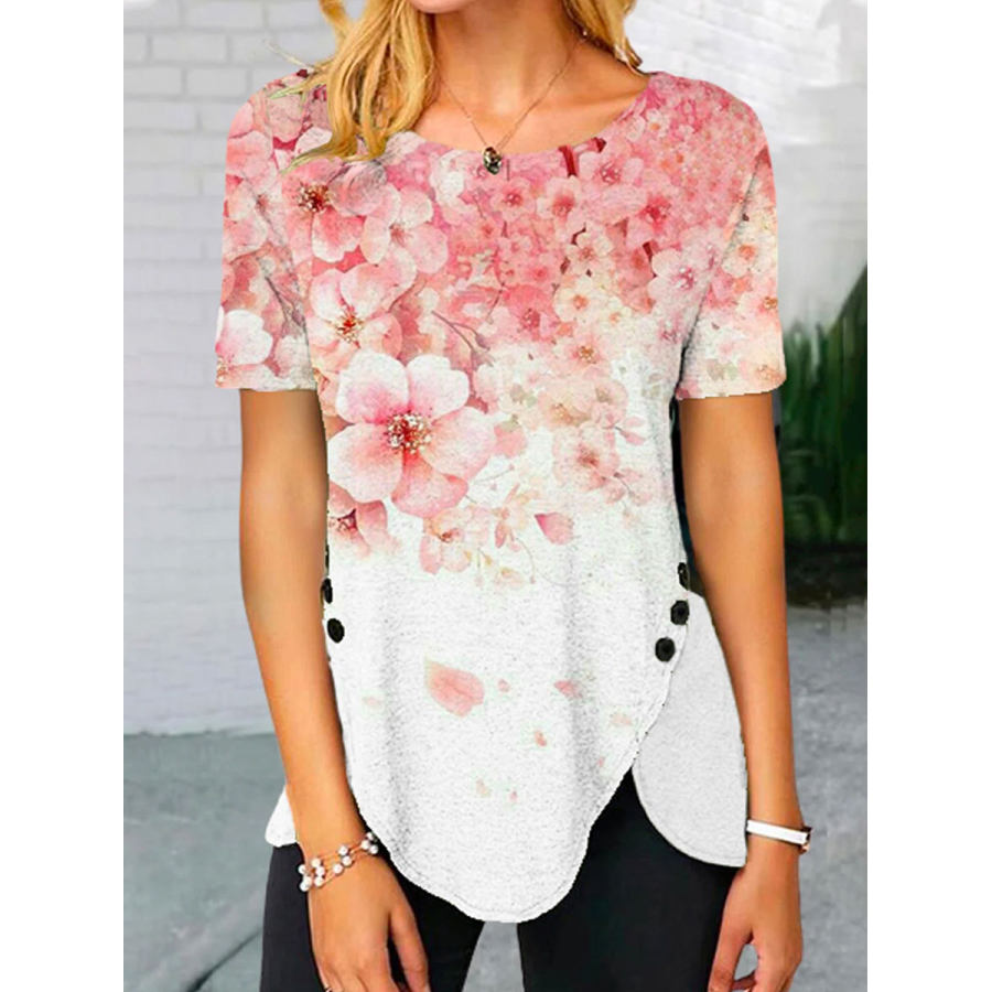 

Round Neck Loose Casual Sakura Print Short Sleeve T-shirt