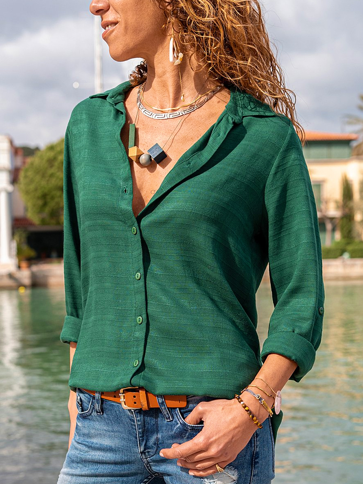 Green Stripe Jacquard Button Up Long Sleeve Blouses