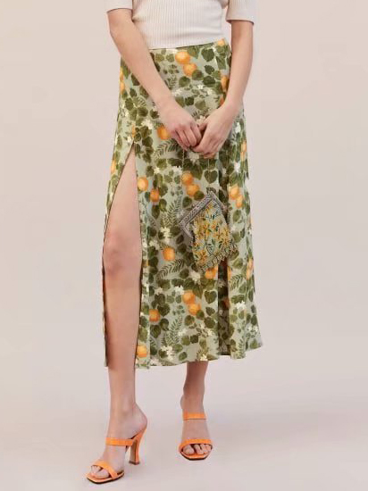 High Waist A Line Green Printed Hem Sexy Slit Skirt