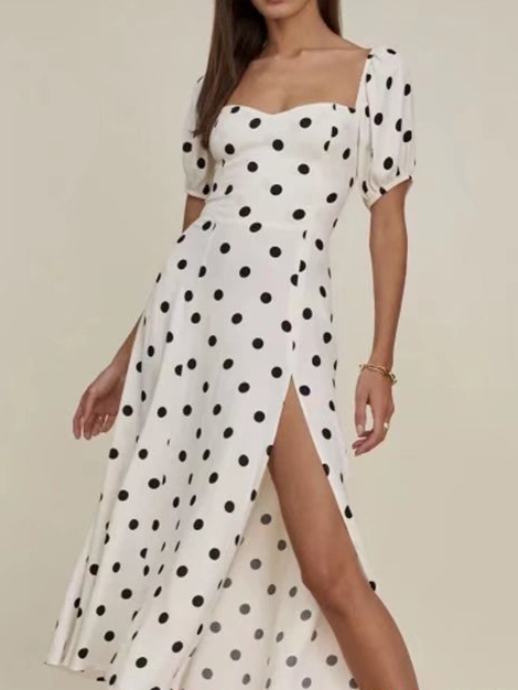 Printed Big Polka Dot Square Neck Puff Sleeve Back Bow Tie Slit Dress