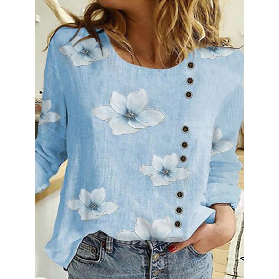 

Vintage Floral Print Casual Crew Neck Long Sleeves Blouse