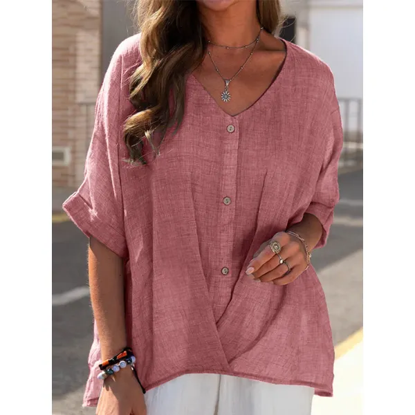 Cotton Linen Pullover Short Sleeve Loose Blouse - Seeklit.com 