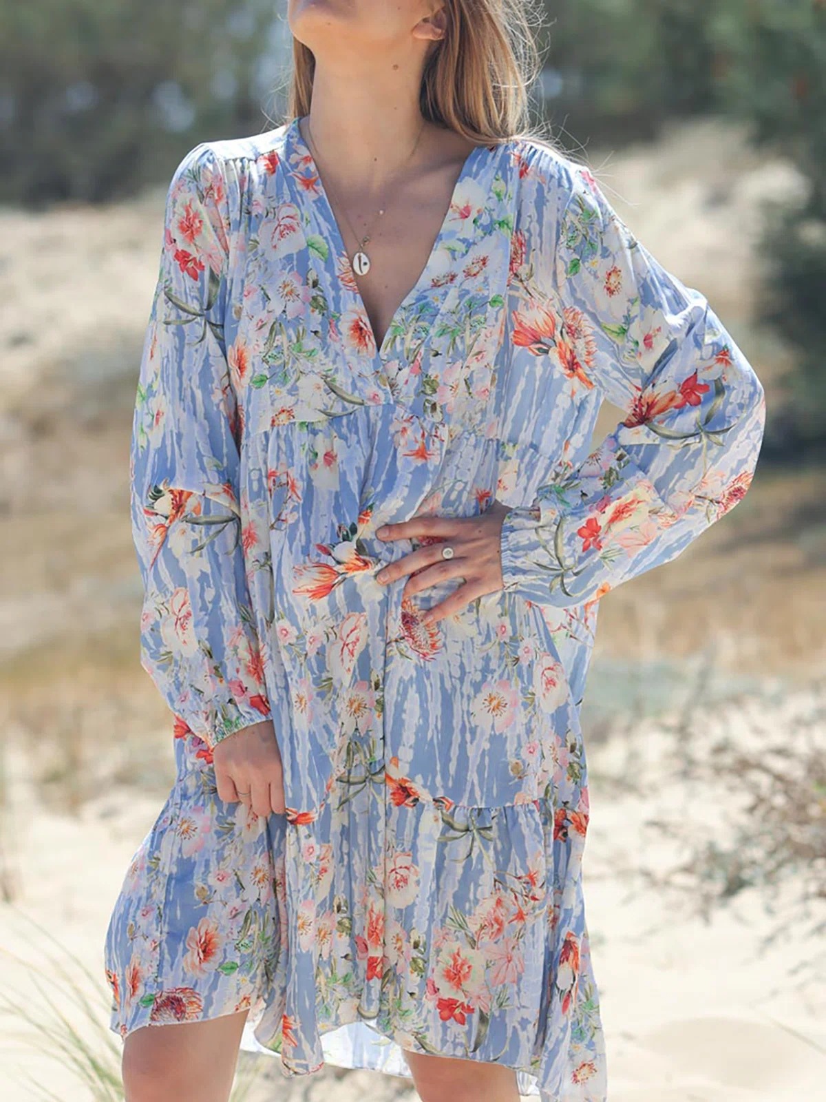V neck Casual Loose Floral Print Long Sleeve Short Dress