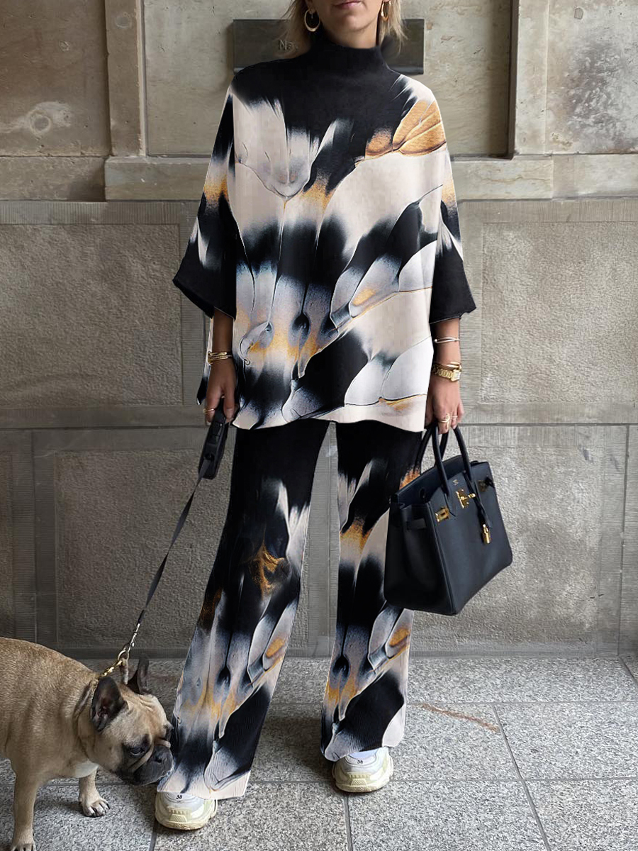 Ladies Fashion Irregular Color Block Printed Three quarter Sleeve Suit