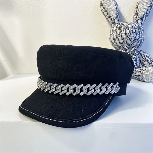 Early Autumn Style Rhinestone Chain Navy Hat British Retro Street Octagonal Hat Flat Top Korean Fashion Wild Beret - Linviashop.com 