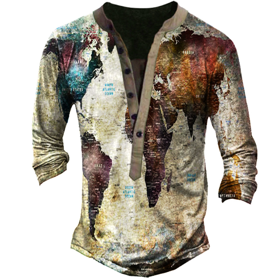 

Old World Map Men's Outdoor Comfortable Vintage Henley Shirt