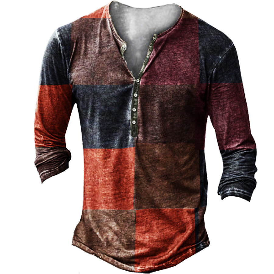 

Men's Vintage Check Henry Half Open Collar Long Sleeve T-shirt