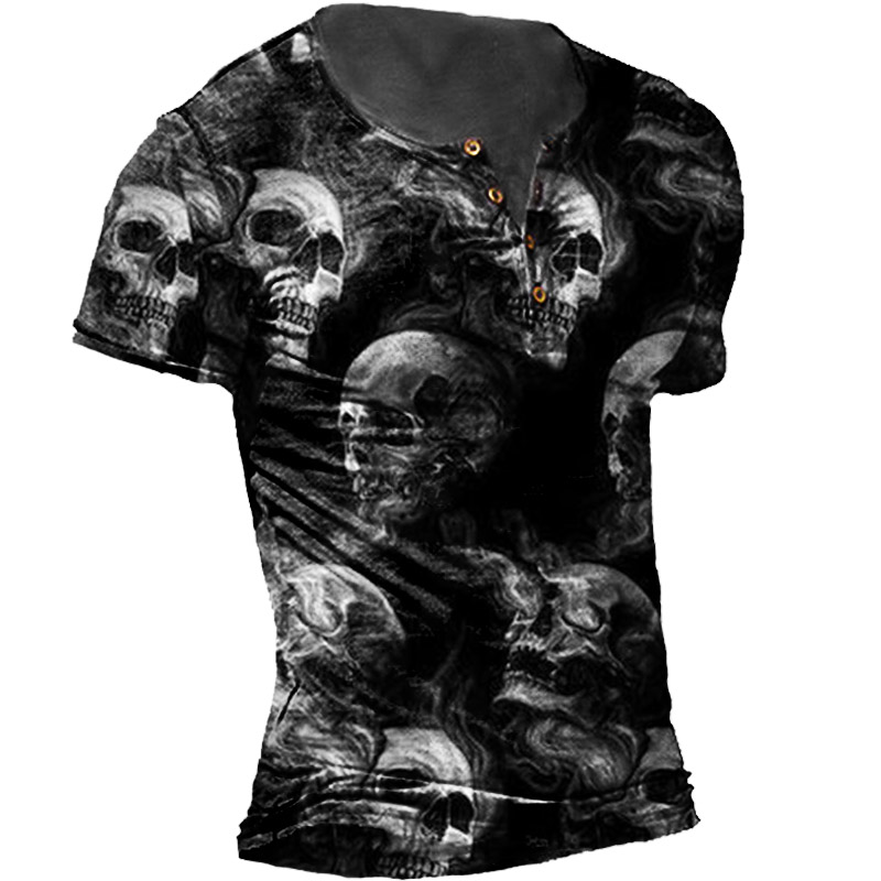 Men's Outdoor Retro Skull Print Short-Sleeved Henley Shirt