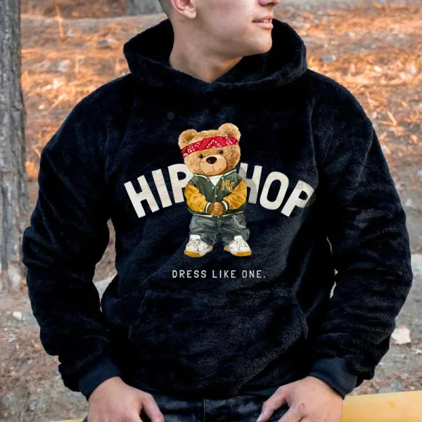 Men's Bear Graphic Plush Warm Hooded Sweatshirt - Paleonice.com 