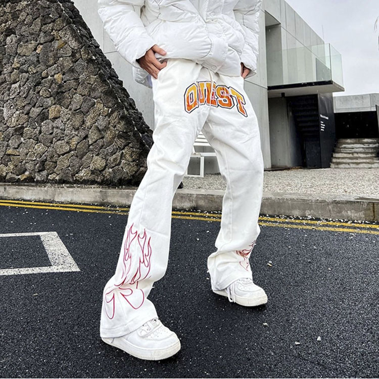 Unisex Hiphop Flame Embroidered Trousers