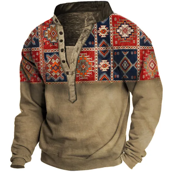 Men's Outdoor Western Ethnic Pattern Henley Collar Tactical Sweatshirt - Sanhive.com 