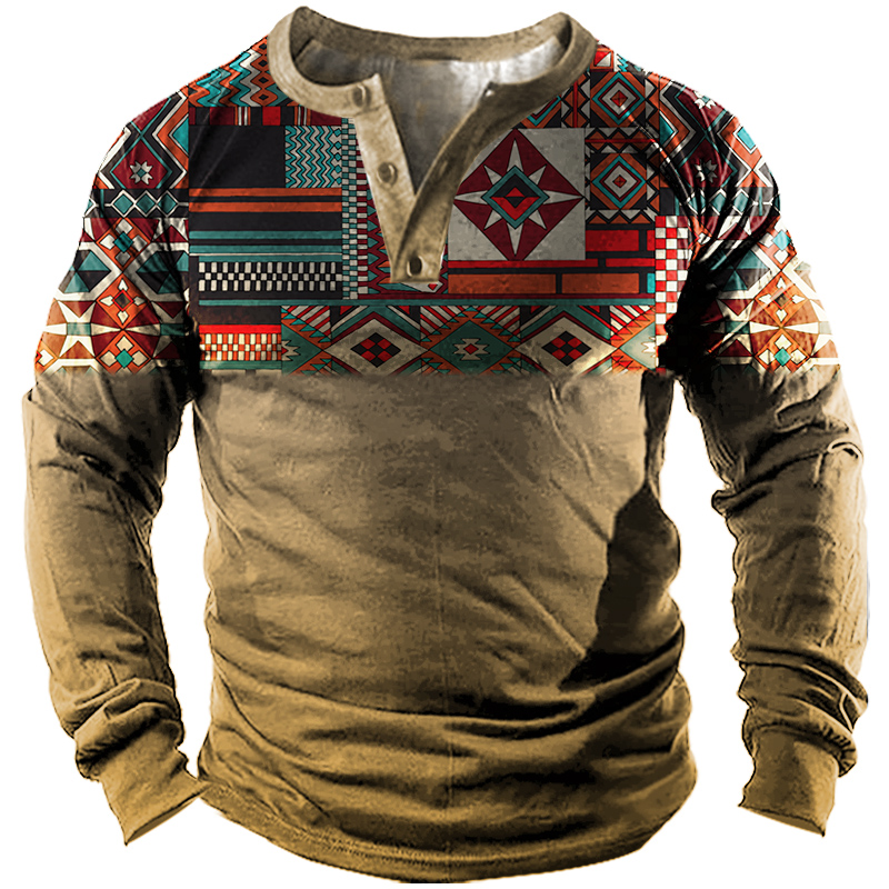 Men's Outdoor Vintage Western Chic Ethnic Pattern Henry Tactical T Shirt