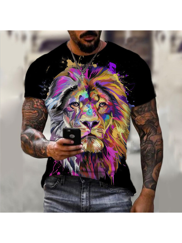 Men's Fashion Animal Lion Graffiti Painted Sports Short Sleeve T-Shirt