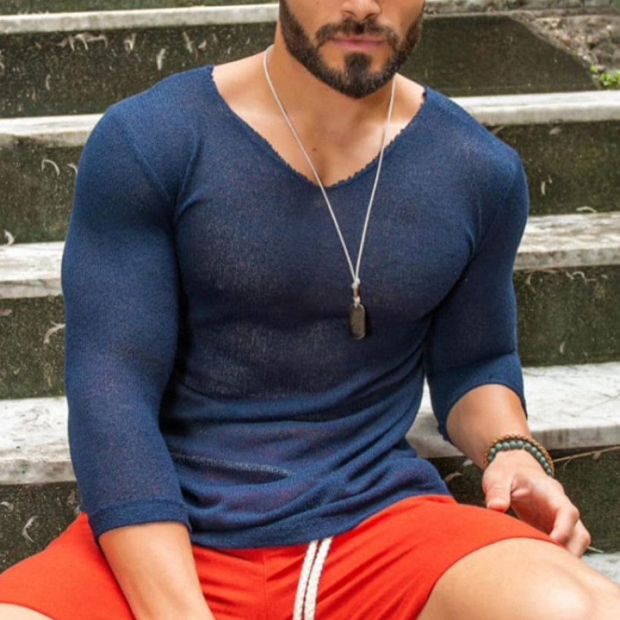 

Fashion See-through V-neck Solid Color T-shirt