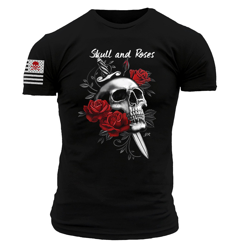 Men's Valentine's Day Rose Chic Skull Tactical Cotton T-shirt