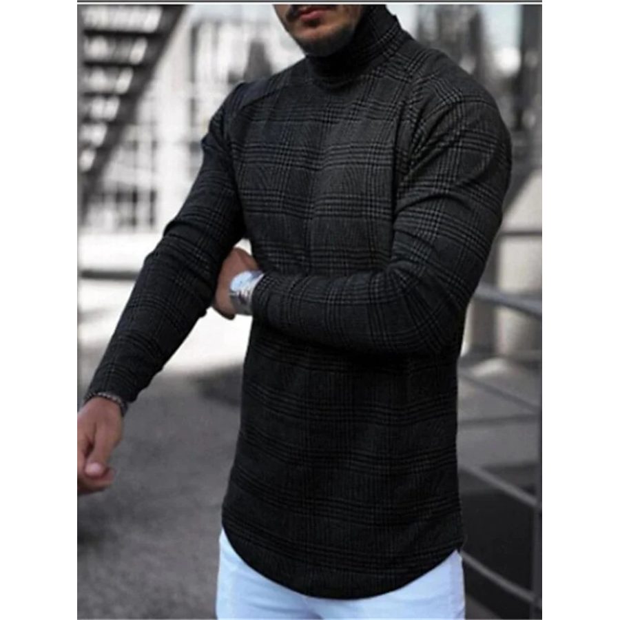 

Men's T Shirt Houndstooth Plaid Turtleneck Casual Lightweight Slim Blouse