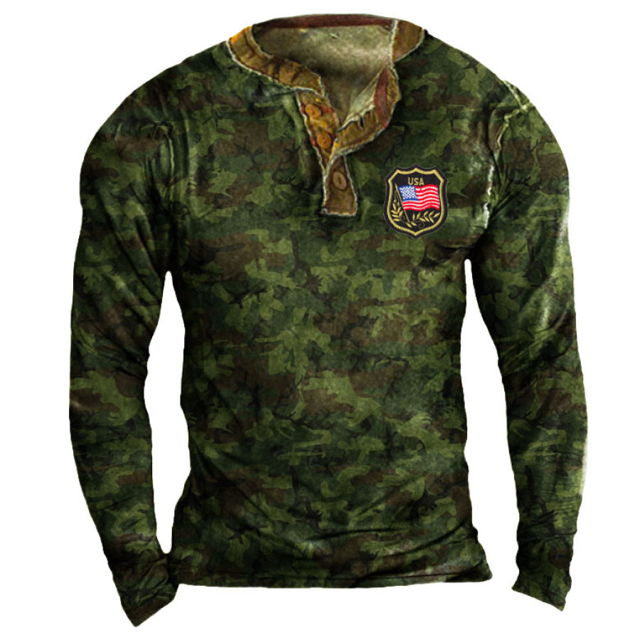 

Men's USA Camouflage Henley Collar Badge T Shirt