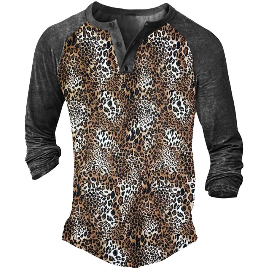 

Men's Leopard Print Henley Collar T Shirt