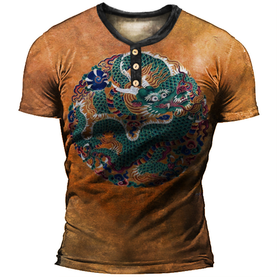 

Men's Vintage Court Dragon Totem Print Henry Tactical T-shirt