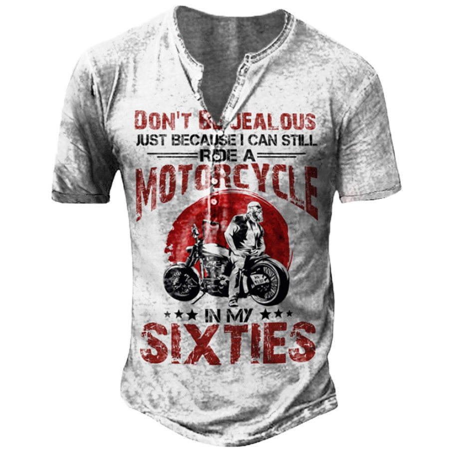 

Men's Vintage Motorcycle Lovers Printed Henley Collar T Shirts With Sixties