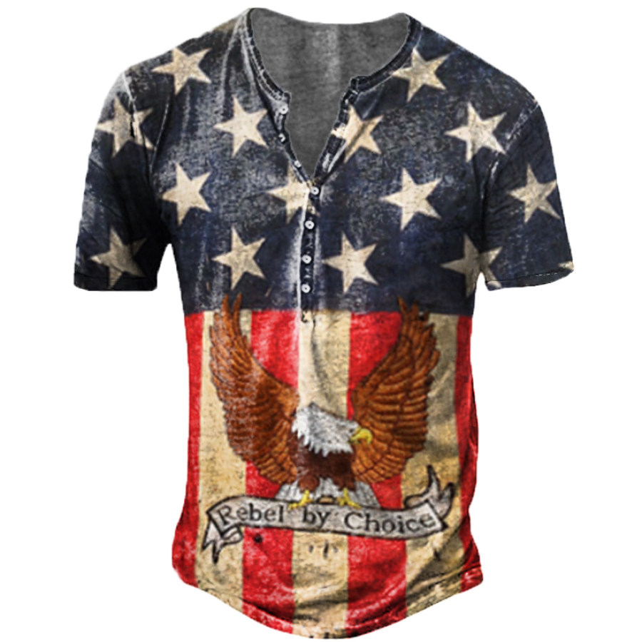 

T-shirt Da Uomo Vintage Con Stampa Aquila Bandiera Americana Con Colletto Henley