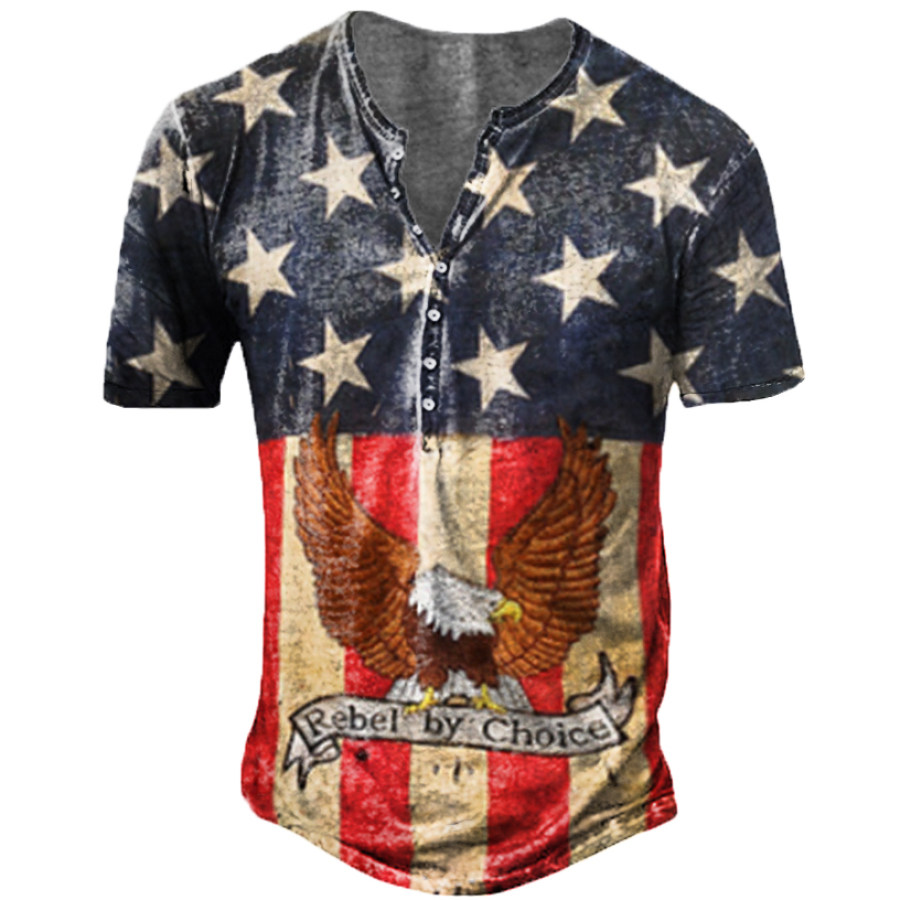 

Camiseta Masculina Vintage Bandeira Americana Com Estampa De águia E Gola Henley