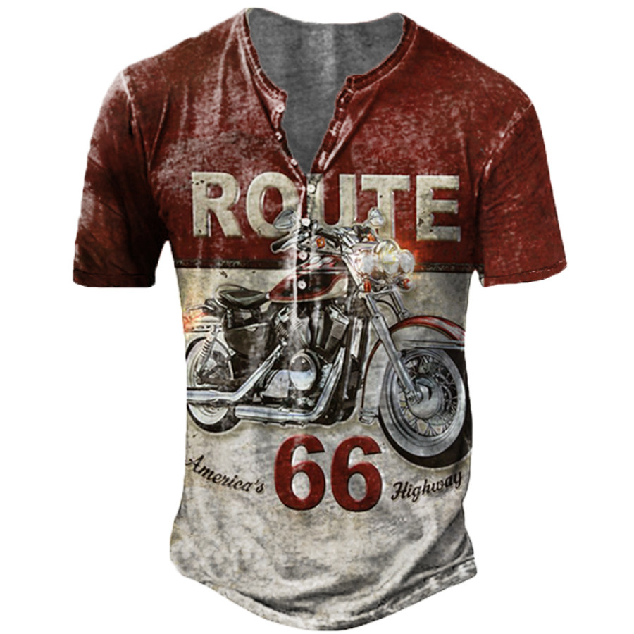 

Men's Retro Motorcycle Route 66 Henry Collar T-Shirt