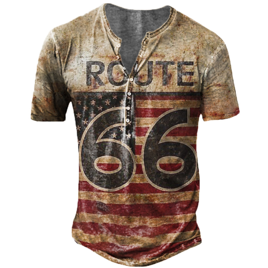 

Men's Retro Route 66 Henry Collar T-Shirt