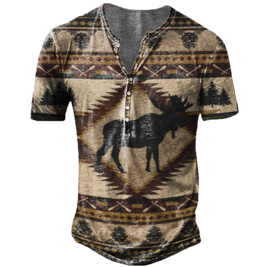 Men's Casual Aztec Print Henley T-Shirt