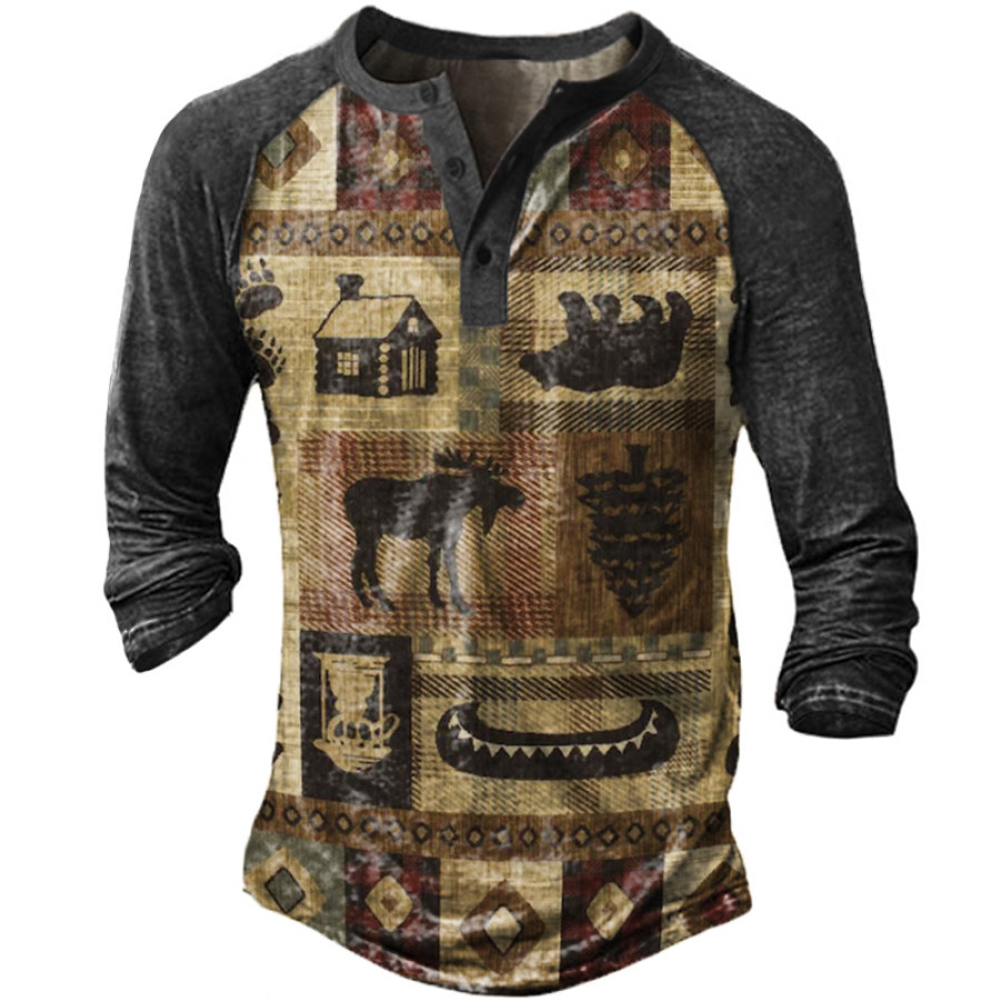 

Men's Casual Vintage Aztec Print Henley T-Shirt