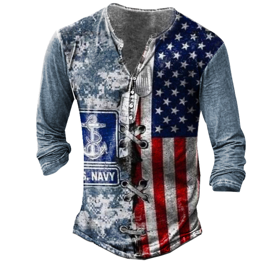 

Men's American Flag Vintage Print Henley Shirt