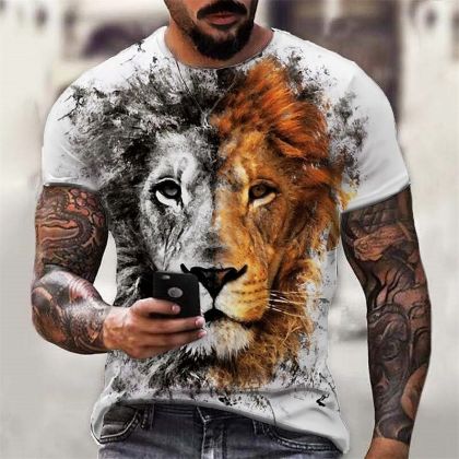Men's Fashion Ink Lion Print Short Sleeve T-Shirt
